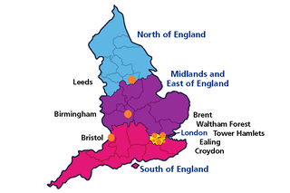 Карта, показваща местоположението на Националните клиники за поддръжка на FGM в Англия
